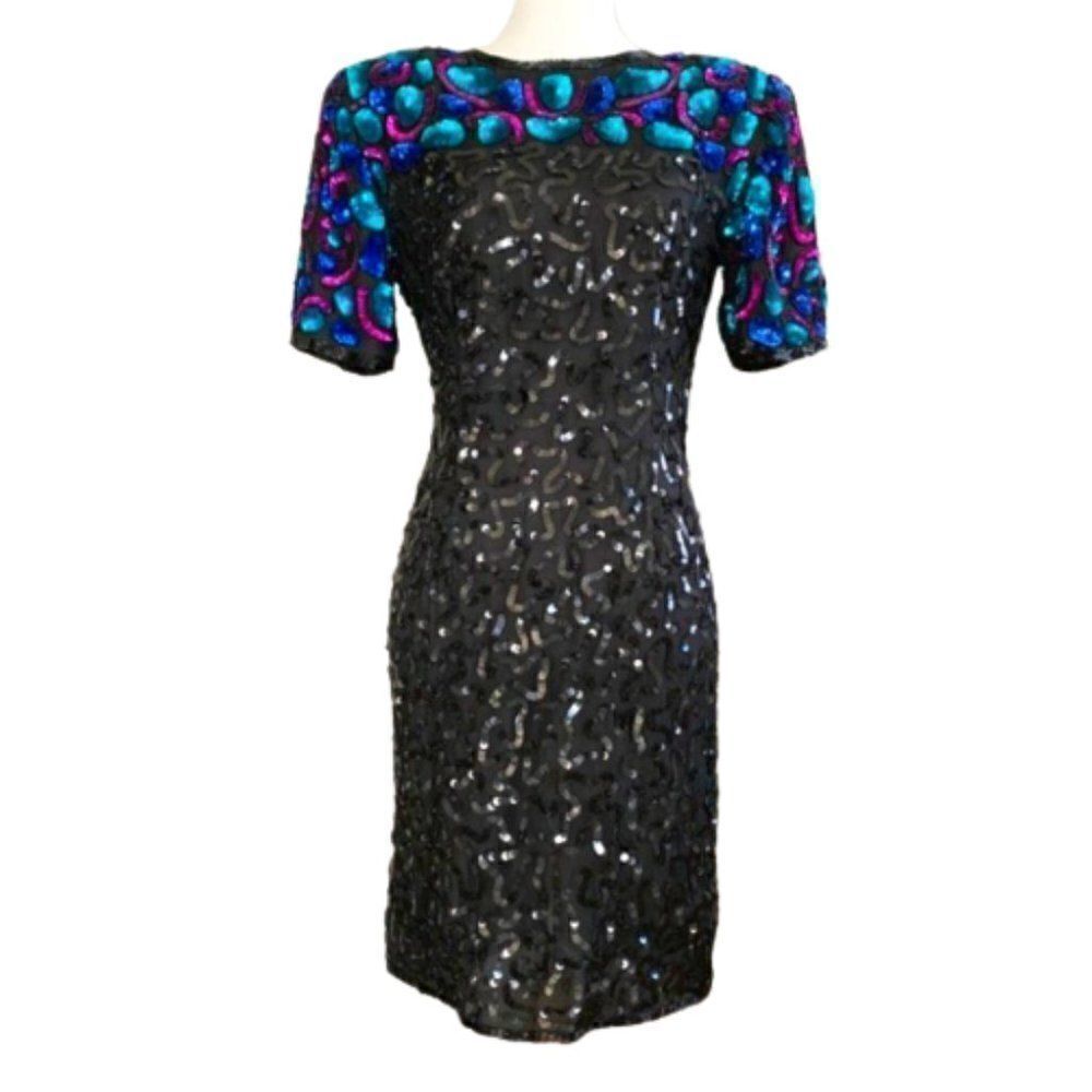 Vintage Laurence Kazar 1980’s 100% Silk Dolly Parton Sequin Cocktail Dress PL